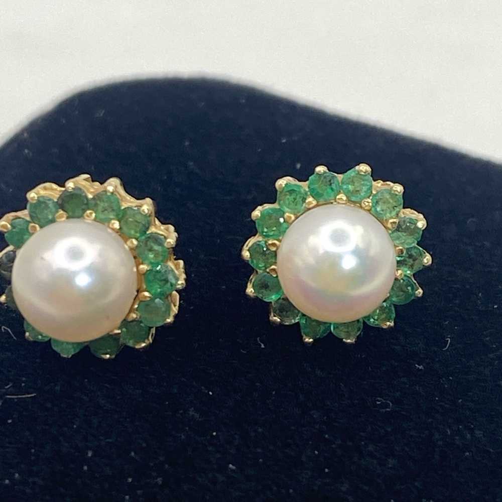 Vintage 14K Gold Emerald & Pearl Cluster Flower Stud Earrings, JGL Designer